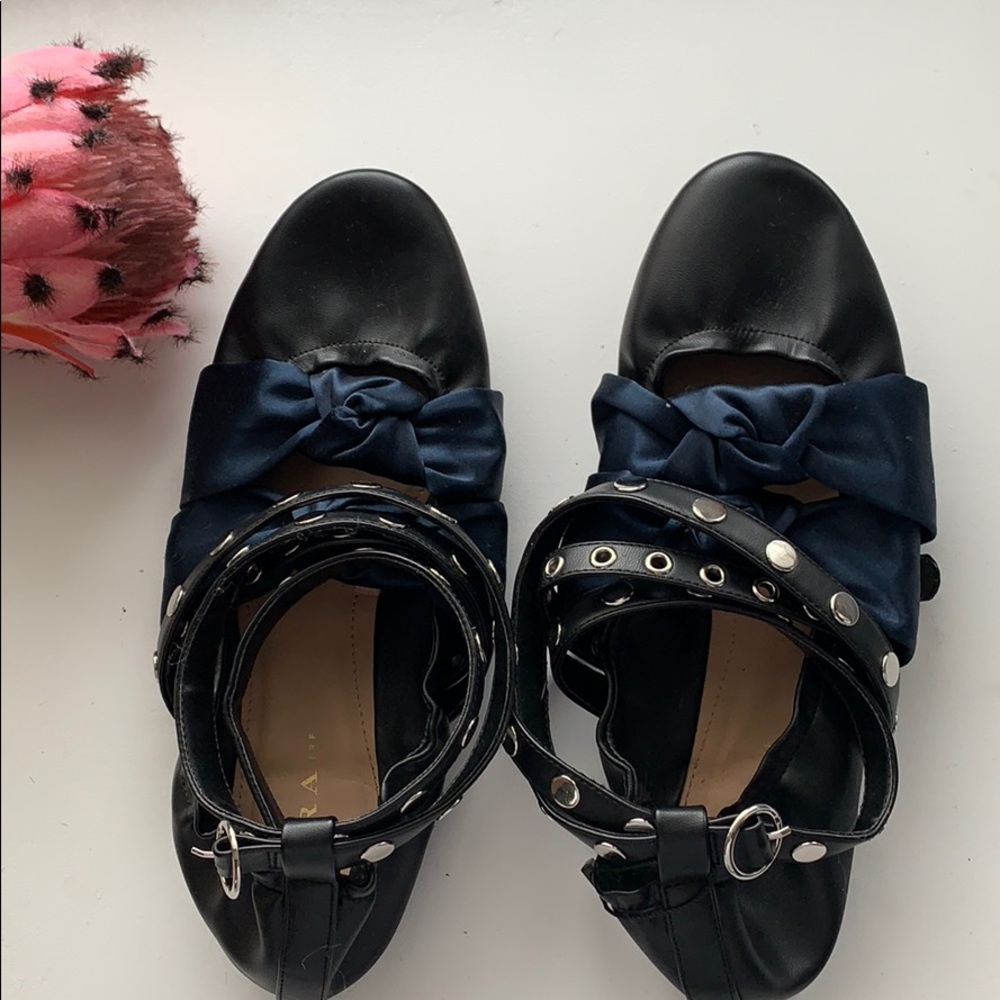 Zara flats with blue bows and straps